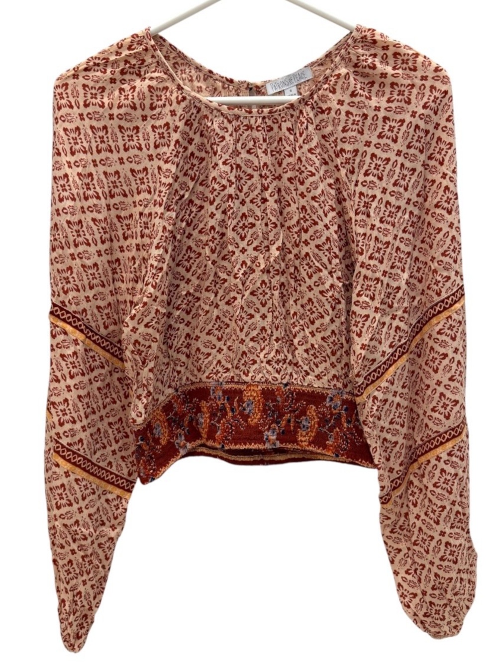 Patrons of Peace Womens S Blouse Floral Long Sleeve Cropped Smocked Hem